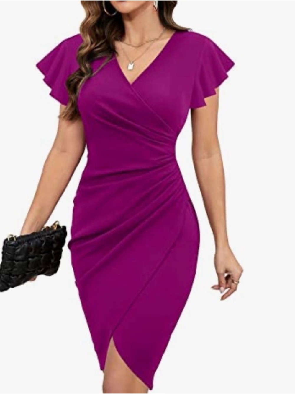 Women's Sexy V Neck Ruffle Sleeve Faux Wrap Ruched Bodycon Dress LG NWT